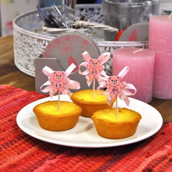 Cupcake-picks f&ouml;r Baby Shower - Rosa Bj&ouml;rn (12-pack)
