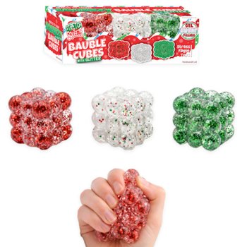 SQUEEZY GLITTER BAUBLE CUBES - MED GLITTER - SET MED 3 KUBER - MED SUGAR-FYLLNING - I DISPLAY (6 SET)