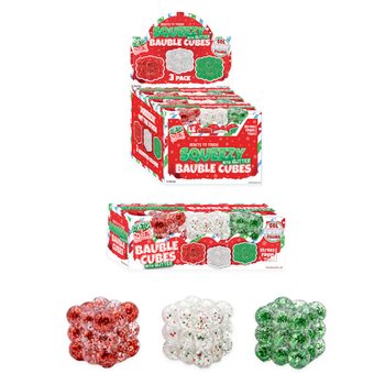 SQUEEZY GLITTER BAUBLE CUBES - MED GLITTER - SET MED 3 KUBER - MED SUGAR-FYLLNING - I DISPLAY (6 SET)