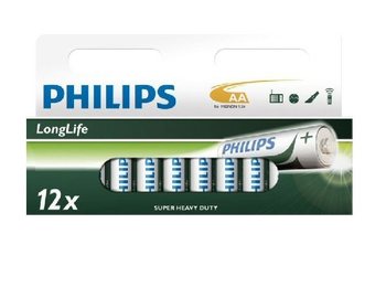 12x BATTERIER "PHILIPS - SUPER HEAVY DUTY" AA - LONGLIFE (12 st Blister)