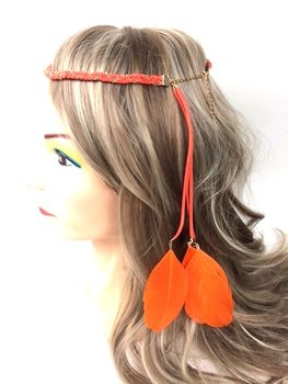 Flätat hårband med fjädrar Orange (1 st)