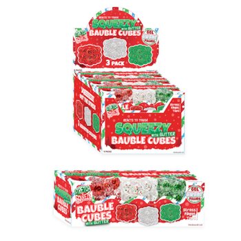 SQUEEZY GLITTER BAUBLE CUBES - MED GLITTER - SET MED 3 KUBER - MED SUGAR-FYLLNING - I DISPLAY (6 SET)