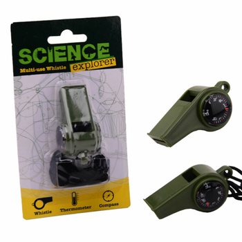 SCIENCE EXPLORER ÖVERLEVNADSVISSELPIPA MED KOMPASS OCH TERMOMETER PÅ KORT (24 st)