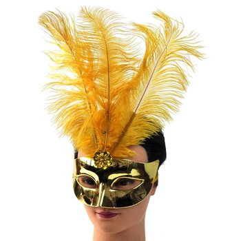 &Ouml;gonmask Guld med Fj&auml;drar - Modell 16 (12-pack)