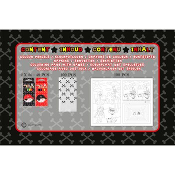 KOMPLETT RESTAURANGBOX PIRAT - 48x F&auml;rgpennset + 100x M&aring;larbilder + 100x Servetter (248 delar)