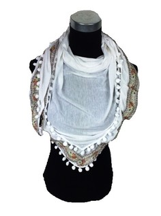 Trekantig sjal vit med pompom-bollar Ibiza-stil (1 st)