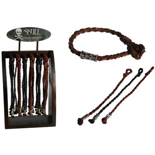 Fl&auml;tade l&auml;derarmband "Skull" p&aring; tr&auml;display (96 st.)