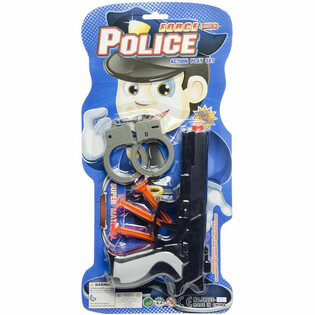 POLIS-SET P&Aring; KORT - PISTOL MED 3 SUGKOPPAR & HANDKLOVAR (6 st.)